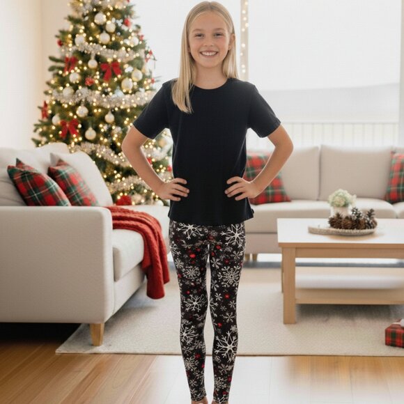 Small NEW Girls Christmas Snowflake Leggings Luxury Soft Yoga Pants - Picture 4 of 9